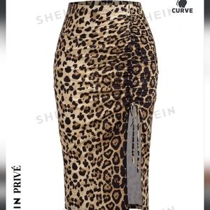 High Waist Leopard Print Drawstring Split Side Skirt